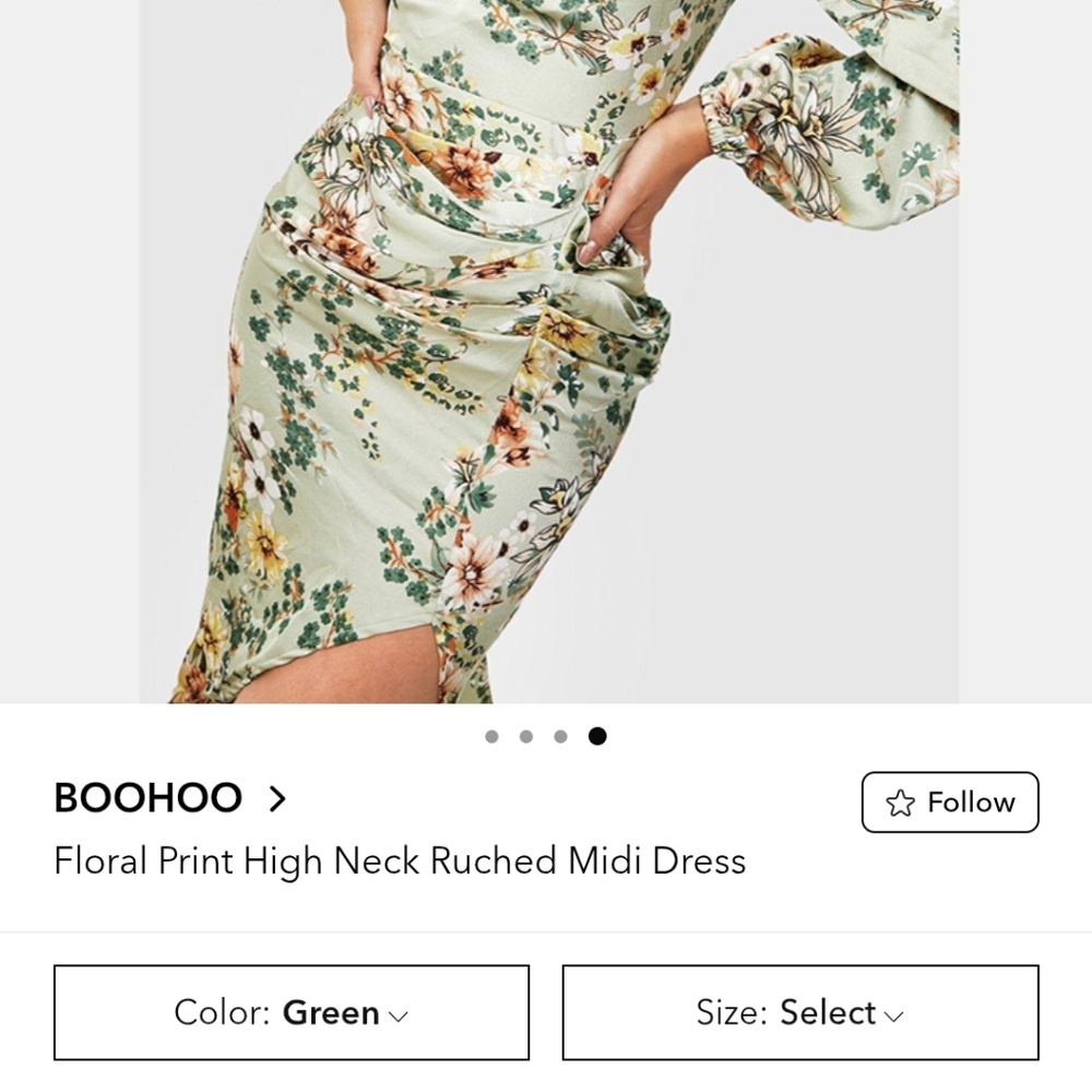 Floral Print High Neck Ruched Midi Dress Sage Green Fairycore Size 4 Boohoo - Picture 12 of 13